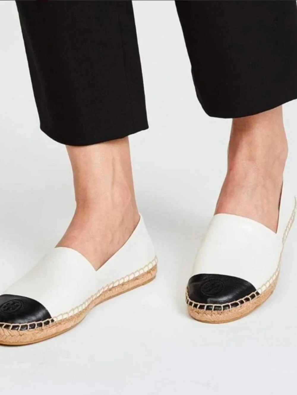 Tory Burch White Espadrille Flats with Black Toe Cap Size 8